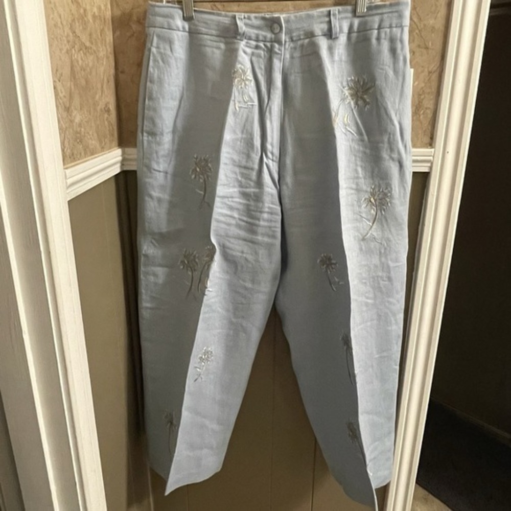 Saint Tropez West 100% Linen Pants Light Blue With Embroidered Palm Trees Sz 14‎